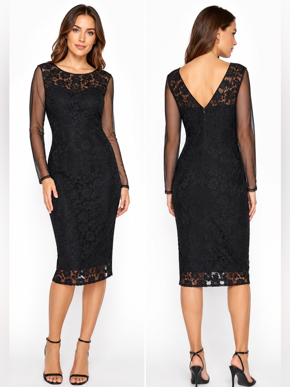 Long Tall Sally Black Floral Lace Bodycon Dress Sheer Sleeve US 8